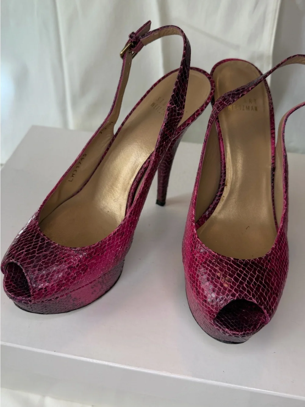 Stuart Weitzman Fuchsia Snakeskin Peep-Toe Slingback Heels